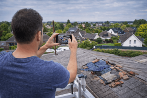 Homeowner documenting hurricane roof damage for insurance claim in New Orleans