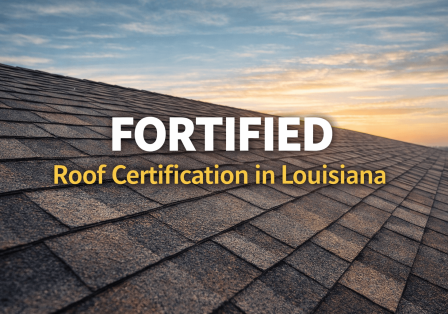 Asphalt roof and text "Fortified roof certification in Louisiana"