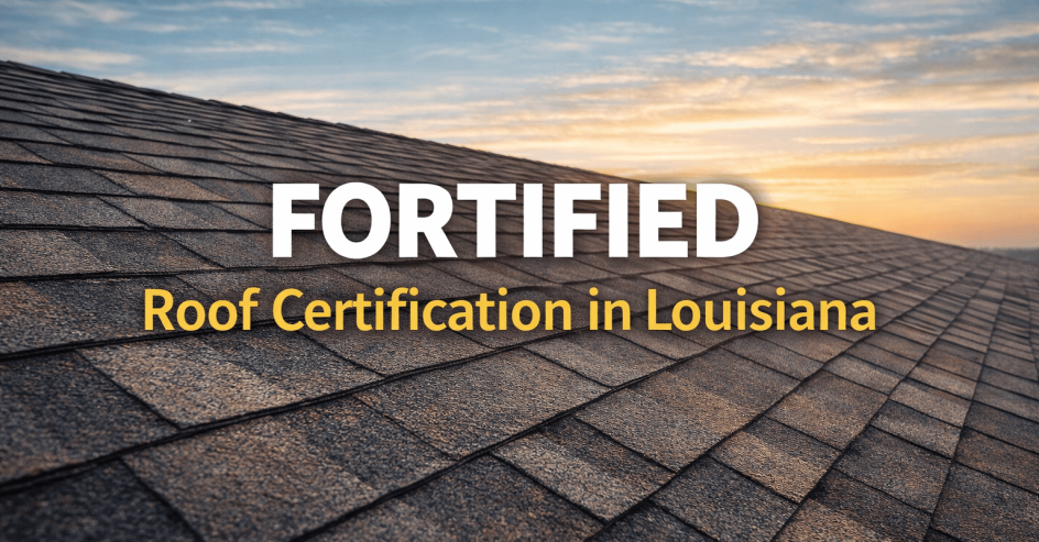 Asphalt roof and text "Fortified roof certification in Louisiana"